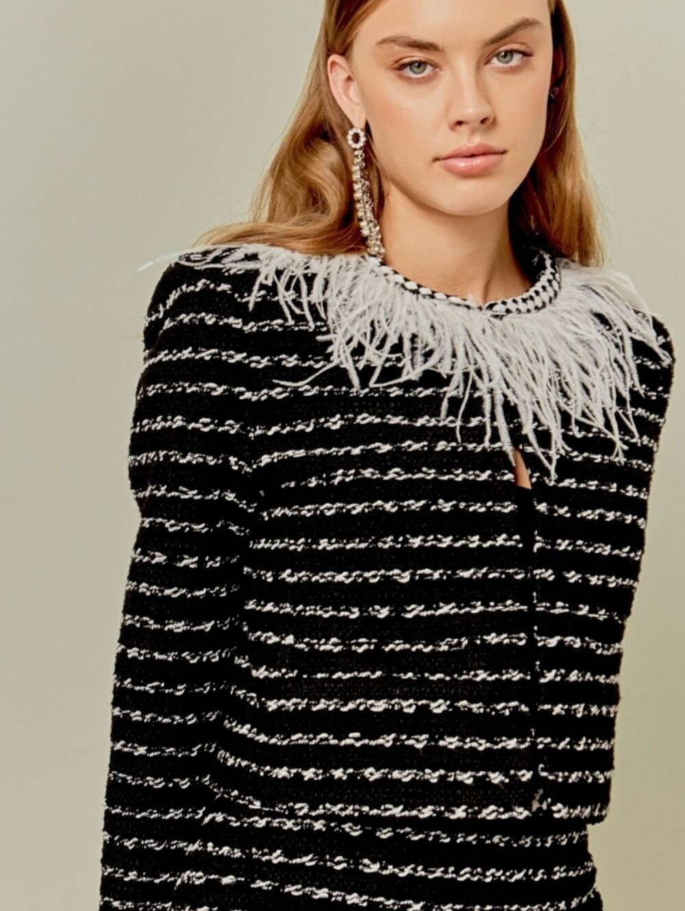 Endless Rose Black & White Tweed Jacket with Feather Collar NWT